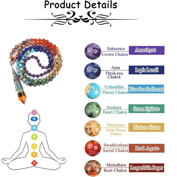 Natural 7 Chakra Mala Beads Necklace with Reiki Crystal Pendant, 108 Beads - Picture 5 of 8